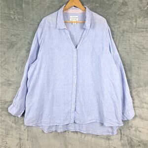 Womens Top 3X Blue Linen Coastal Beach Lagenlook Button Up Quiet Luxury Vacation